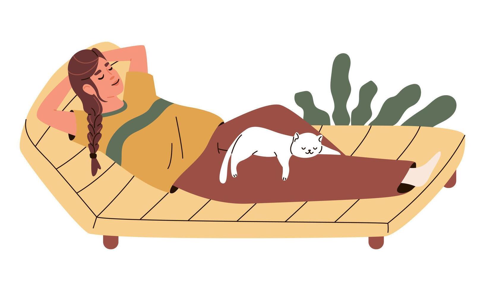 Young girl relaxing on the couch with her kitty. People with pets, pet therapy. vector