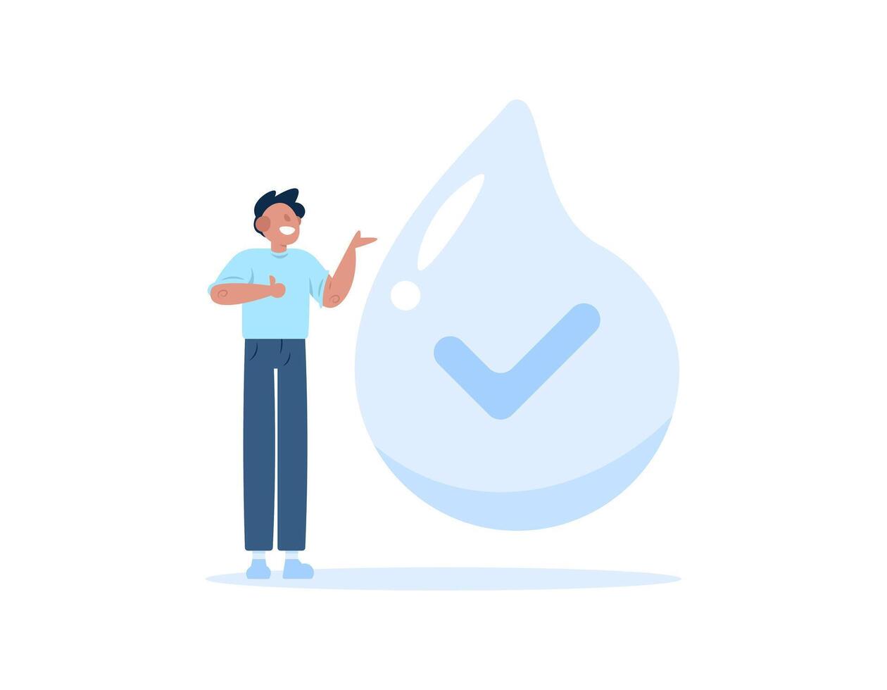 limpiar agua concepto. el agua es seguro a beber. un hombre con un agua símbolo y un cheque marca. plano estilo ilustración concepto diseño. gráfico elementos vector