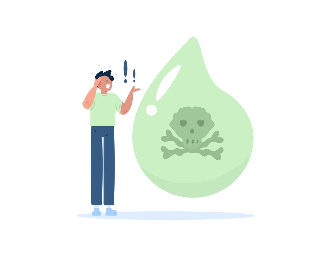 toxic water concept. water that is unsafe to drink. waste water hazards. a man with a poison water symbol and a skull symbol. flat style illustration concept design. graphic elements vector