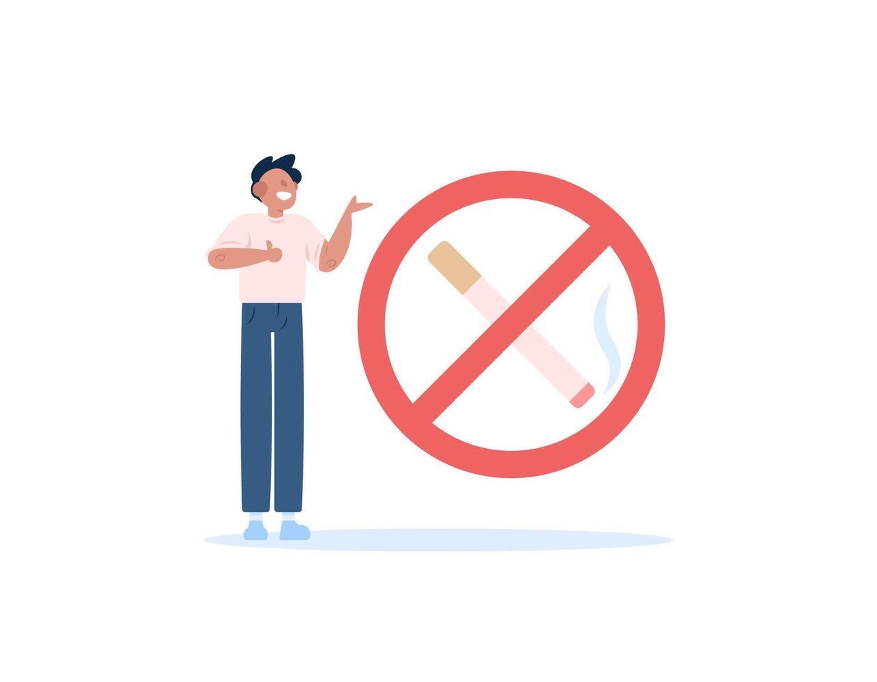 detener de fumar símbolo. No de fumar área. un hombre con un prohibición símbolo y un cigarrillo. plano estilo ilustración concepto diseño. gráfico elementos vector