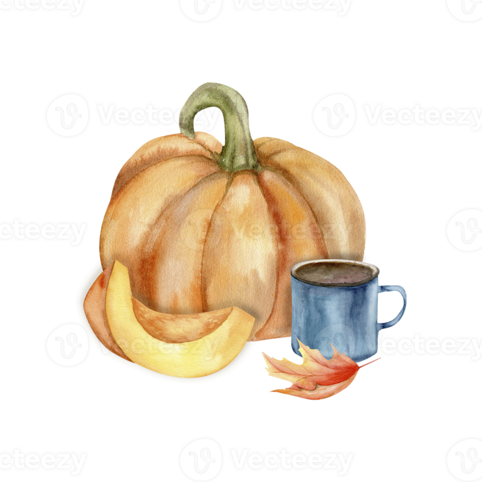 autunno arancia zucca con pezzo e blu tè tazza illustrazione. mano disegnato accogliente caldo autunno composizione per raccogliere stagione, ringraziamento Festival design png