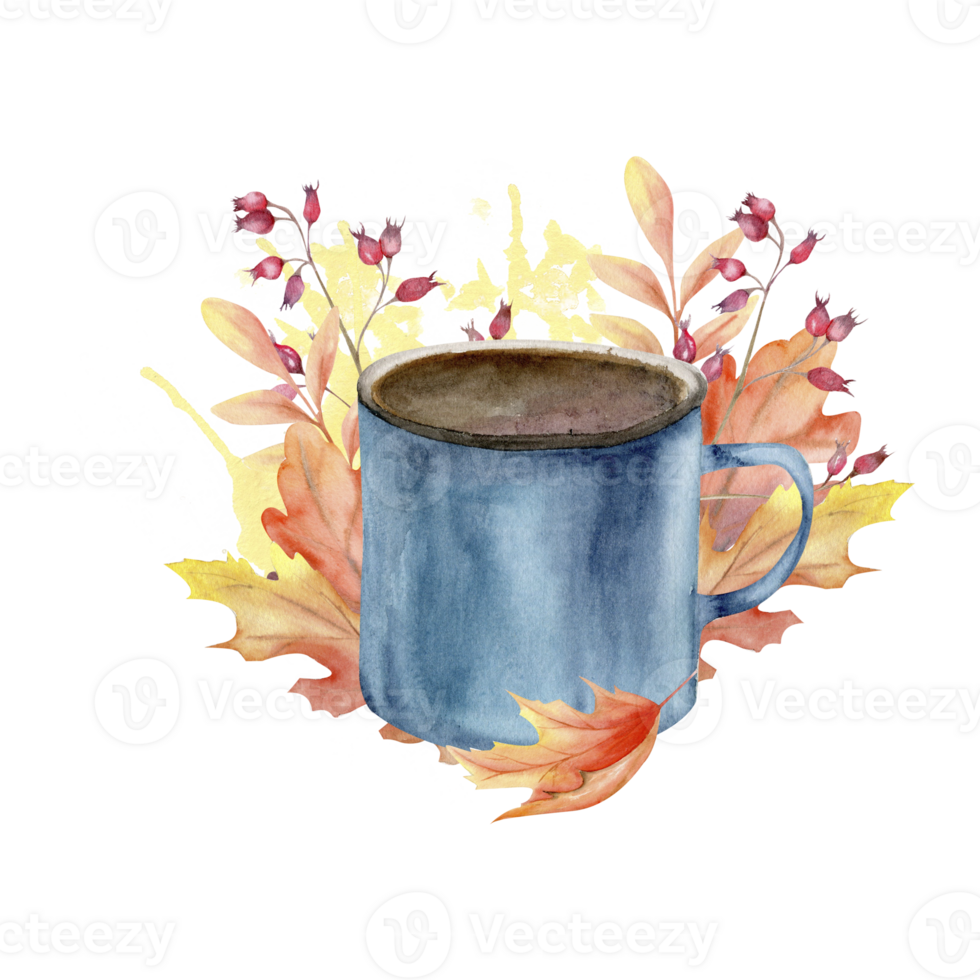 otoño composición con té azul taza y vistoso otoño hojas. otoño ánimo, acogedor hogar, acción de gracias, cosecha festival. pintado a mano acuarela ilustración para carteles, avisos, publicidad diseño png