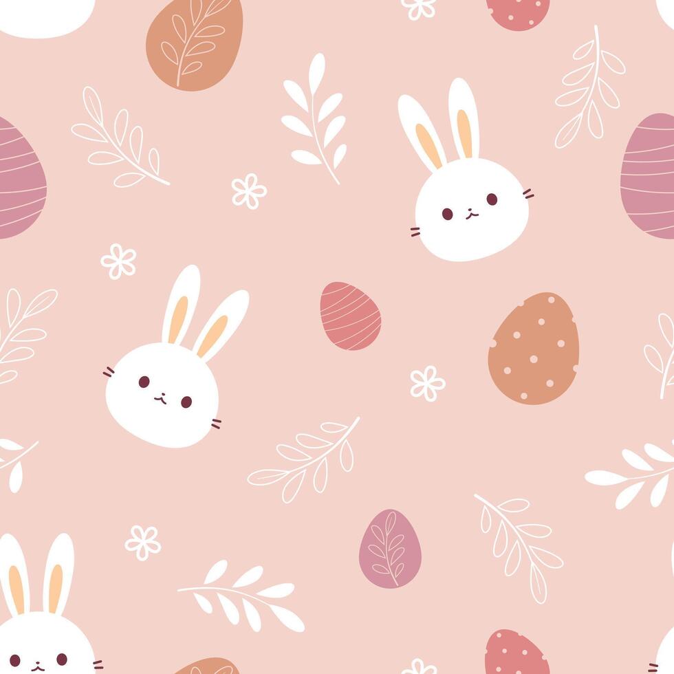 Seamless pattern with rabbit, leaves and Easter eggs on a pink background. illustration. vector