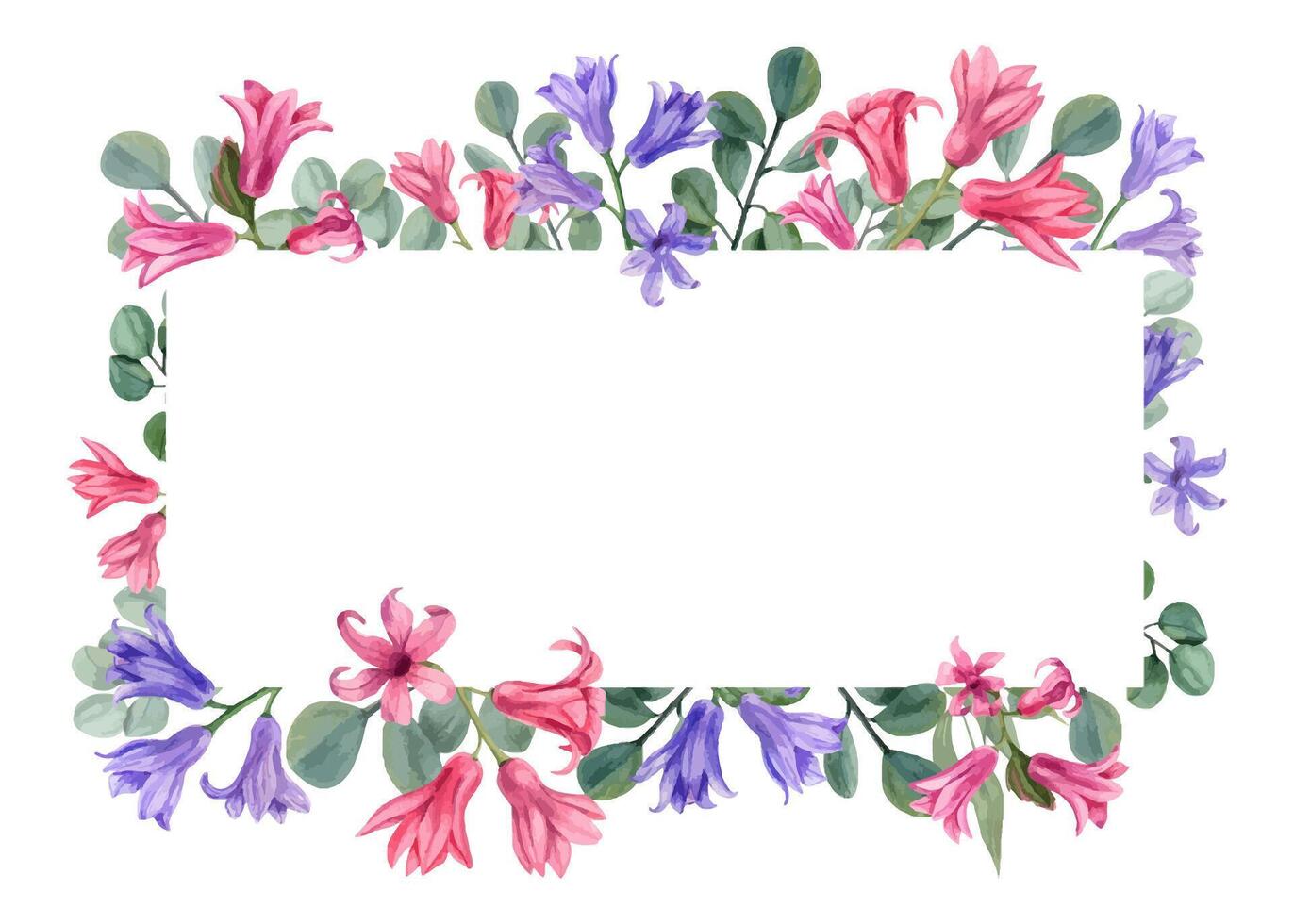 Horizontal frame with watercolor hyacinths, eucalyptus. Illustration for Valentine day, wedding invitation, birthday and mother day cards vector