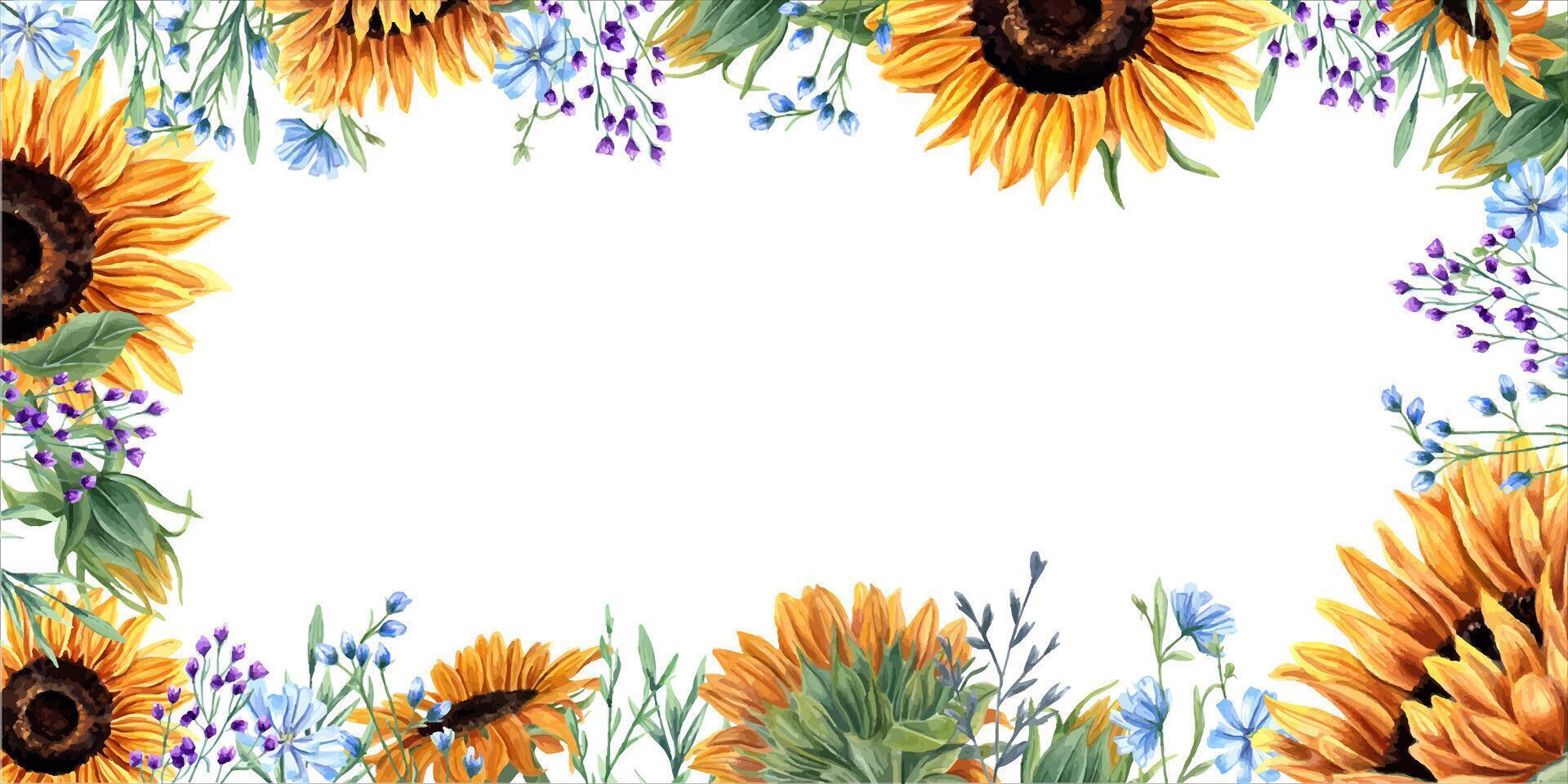 Graphic horizontal frame with sunflowers and abstract meadow plants. Blue, orange yellow flowers. Floral summer composition with copy space for text. Watercolor illustration for birthday card vector