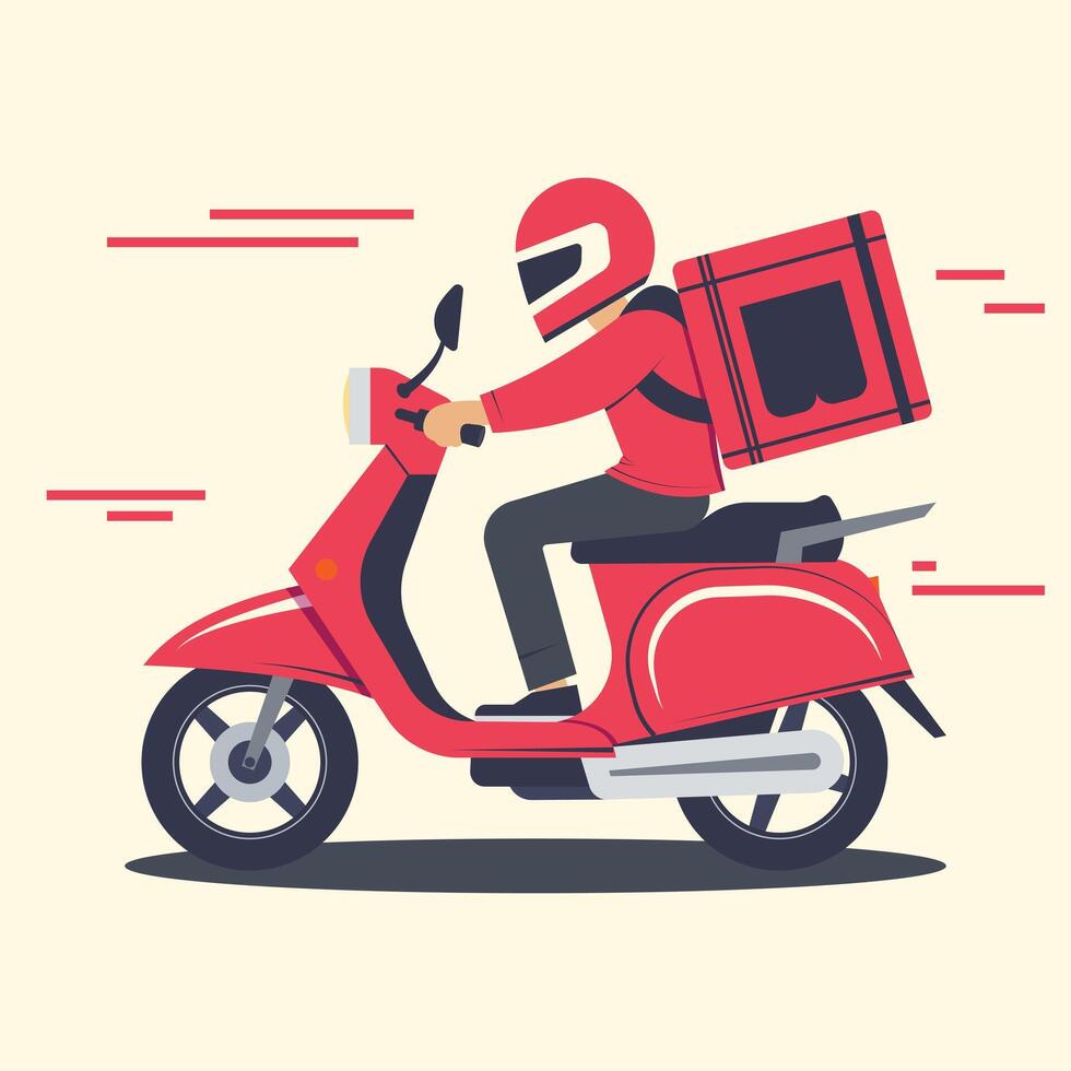 Fast food courier with red backpack. Delivery man making a quick delivery vector