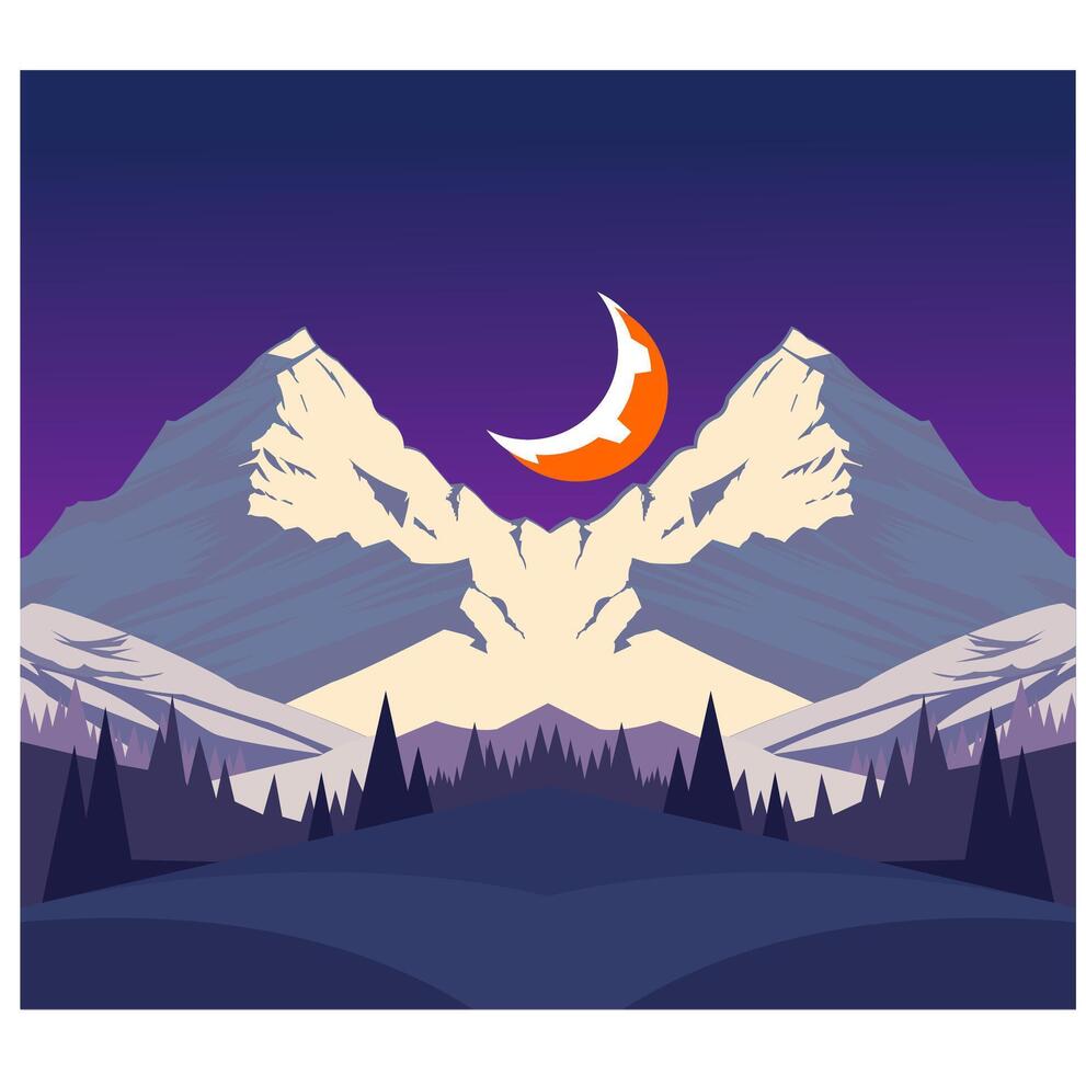 Mountains with a crescent moon in the night illustration vector