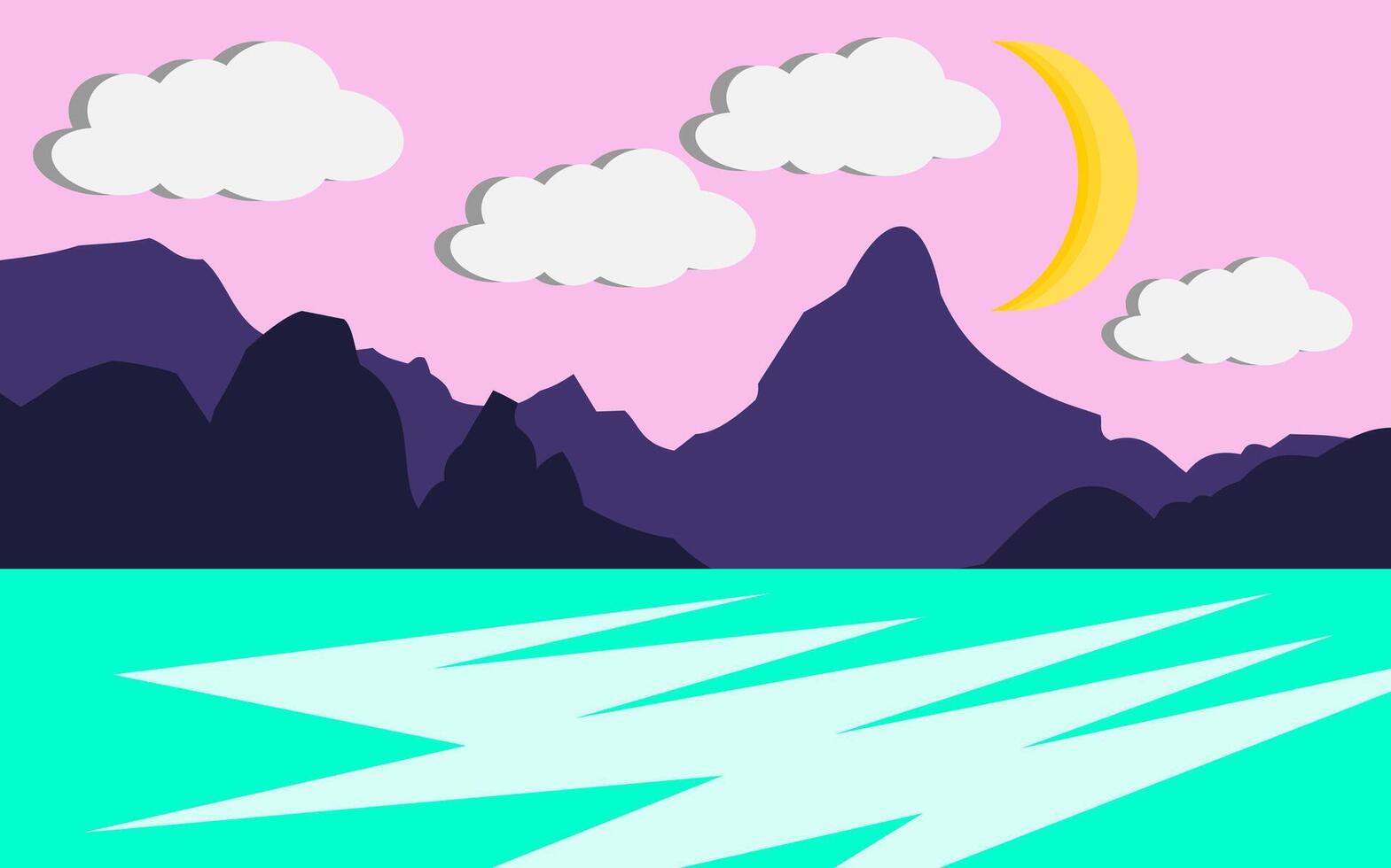 Landscape with mountains, river and moon illustration in flat style vector