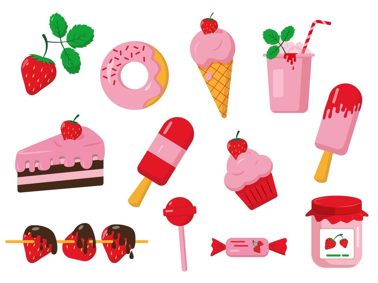 Set of strawberry desserts. vector