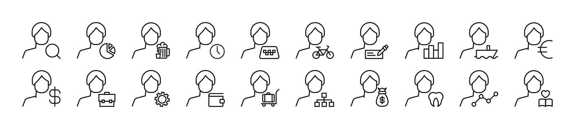 Collection of thin line icons of male user with items. Editable stroke. Simple linear illustration for web sites, newspapers, articles book vector