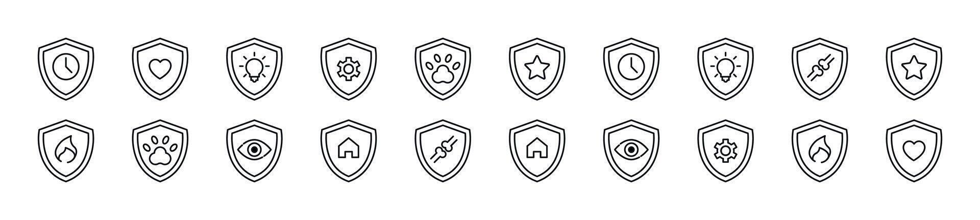 Collection of outline symbol of shield. Editable stroke. Simple linear illustration for stores, shops, banners, design vector