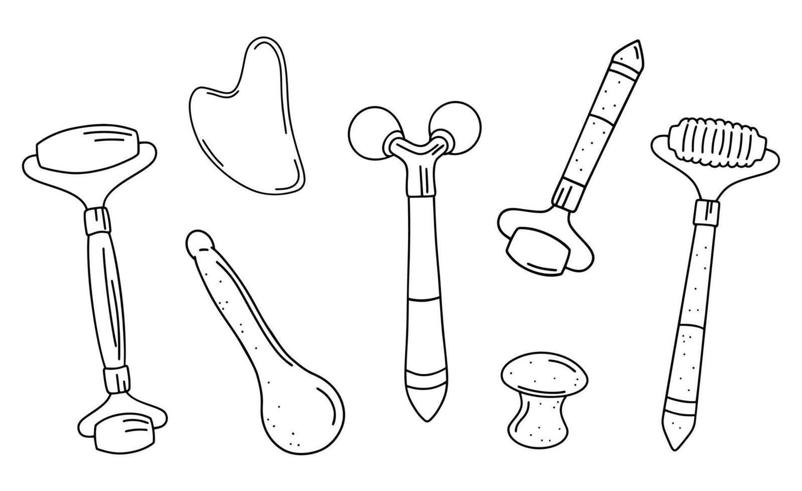 Massage and facial tools for skincare. A roller, gua sha, massaging devices, a spoon-shaped massager. Improving circulation, relieving tension, and aiding in skincare routines. Outline hand drawn set. vector