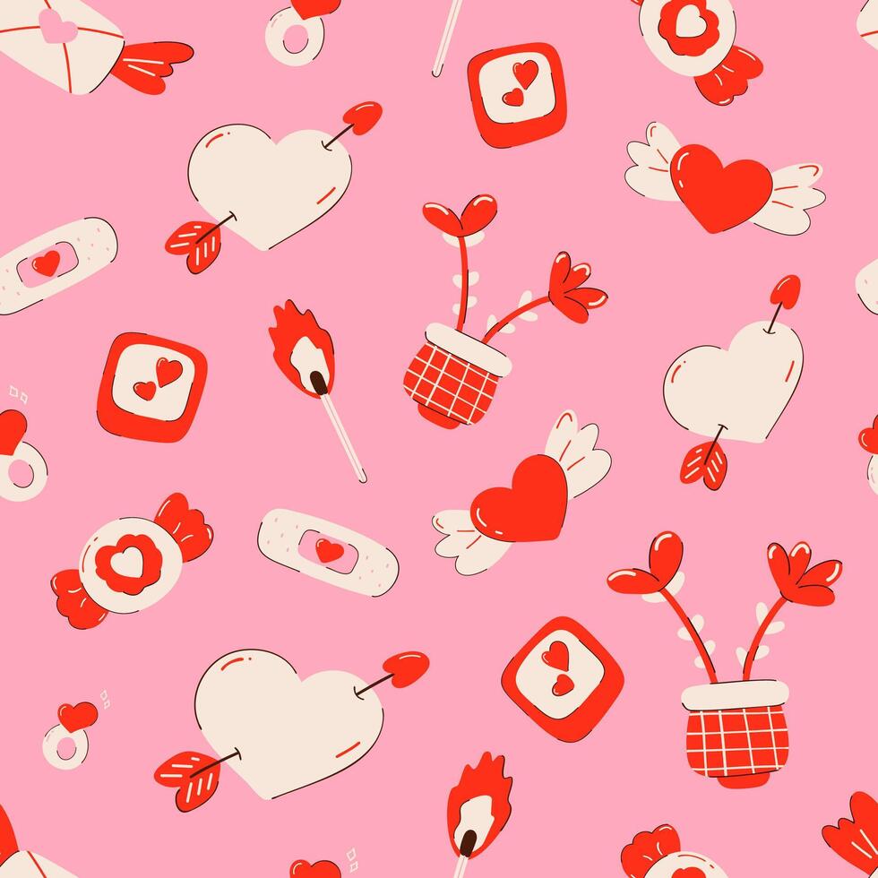 Hand drawn cute romantic elements to Valentine's Day. Modern seamless pattern with pink background. Candy, vase with flower, match, heart with arrow and wings, wedding ring, photo, love patch. vector