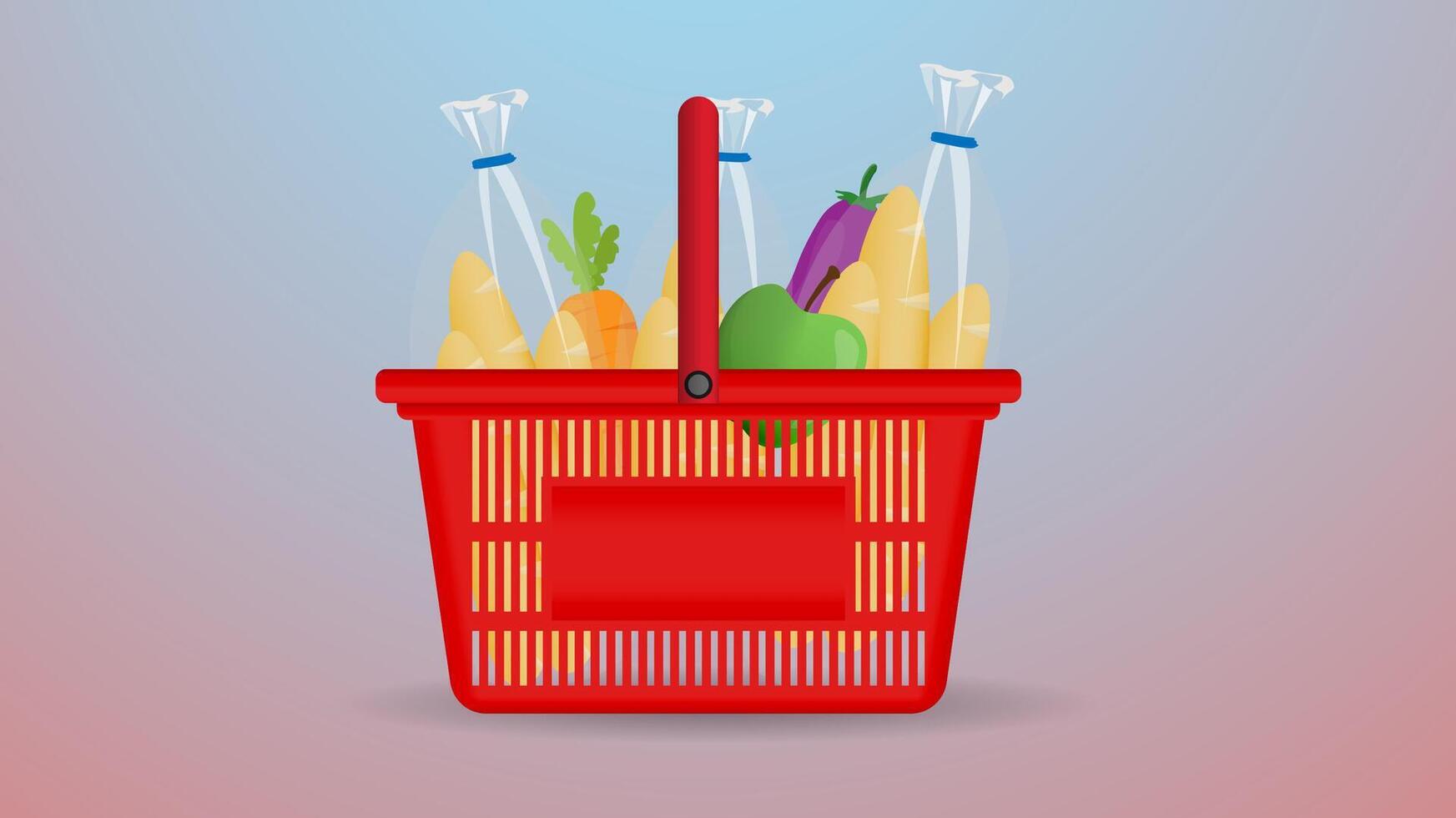 Shopping 3d basket of food from grocery purchases. Paper bag and plastic of food like fruits, vegetable, bread, bottle of water 3d illustration. Retail super market goods. vector