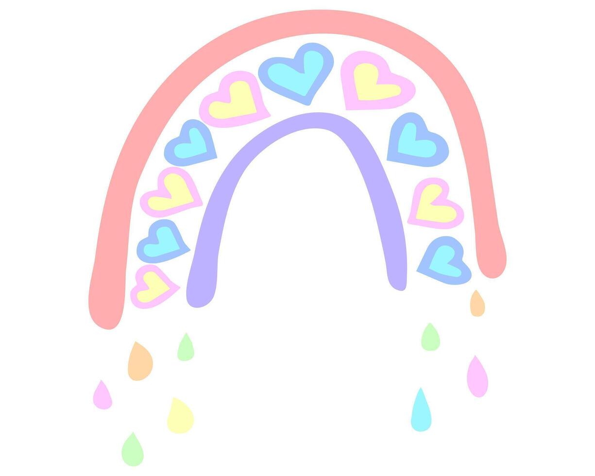 Cute childish illustration with abstract pastel color rainbow. Striped arc in scandinavian boho style. Hand drawn isolated on white background for baby shower, poster, invitation, postcard. vector