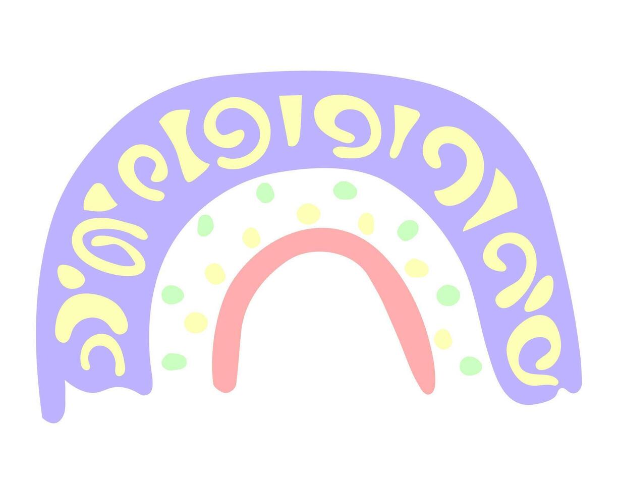 Cute childish illustration with abstract pastel color rainbow. Striped arc in scandinavian boho style. Hand drawn isolated on white background for baby shower, poster, invitation, postcard. vector