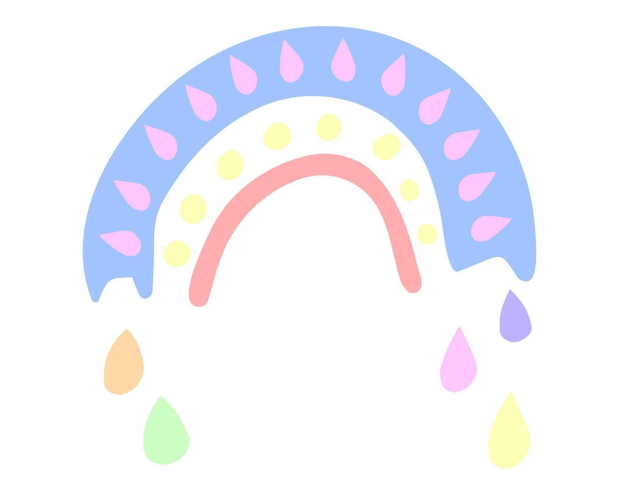 Cute childish illustration with abstract pastel color rainbow. Striped arc in scandinavian boho style. Hand drawn isolated on white background for baby shower, poster, invitation, postcard. vector