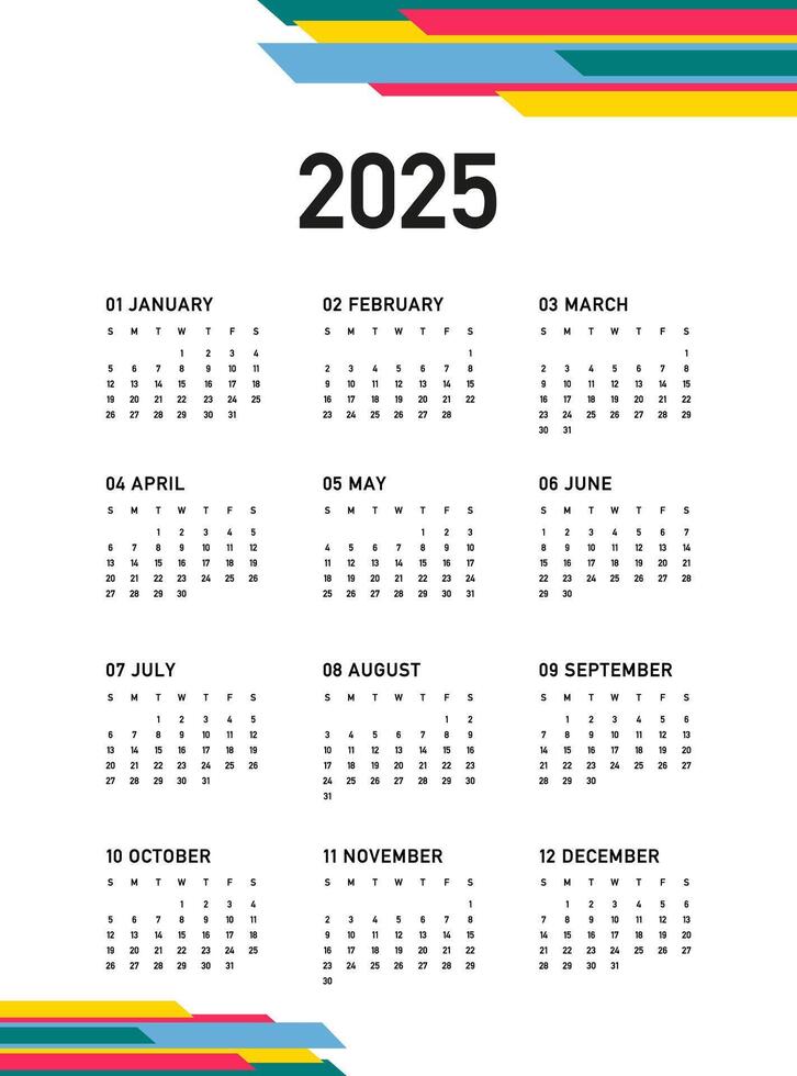 Calendar 2025, week starts on Sunday, on white background with colored stripes, template. Business calendar in a minimalist style for 2025 year. vector
