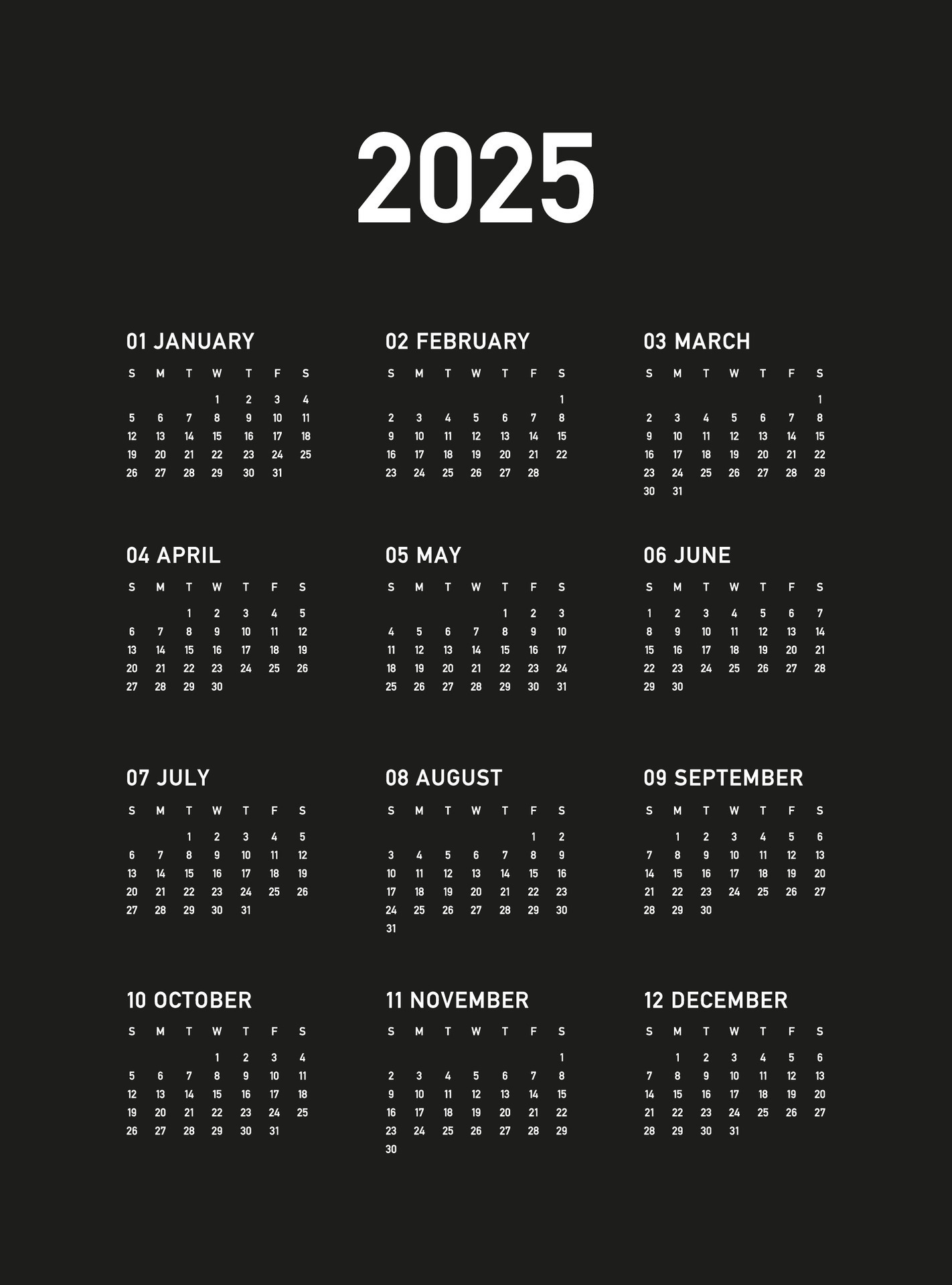 Calendar 2025, week starts on Sunday, on black background, template. Business calendar in a