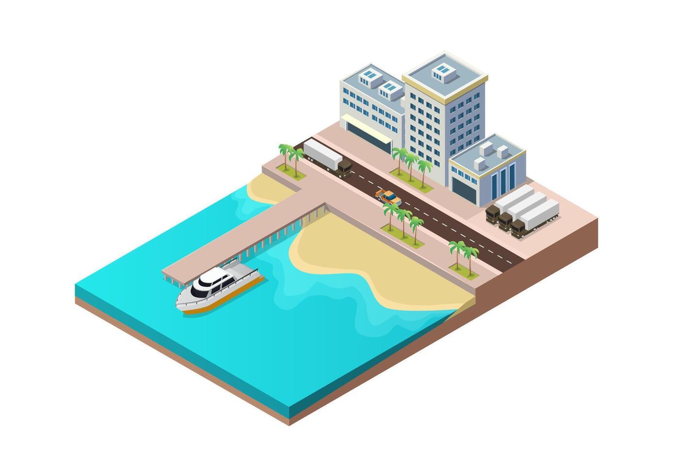 Isometric beach with seaport building vector