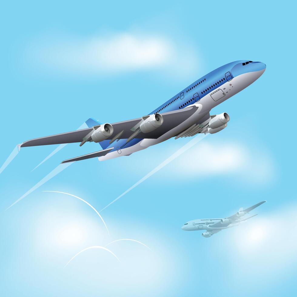 A blue and white plane flying in the sky with a plane flying in the sky. vector