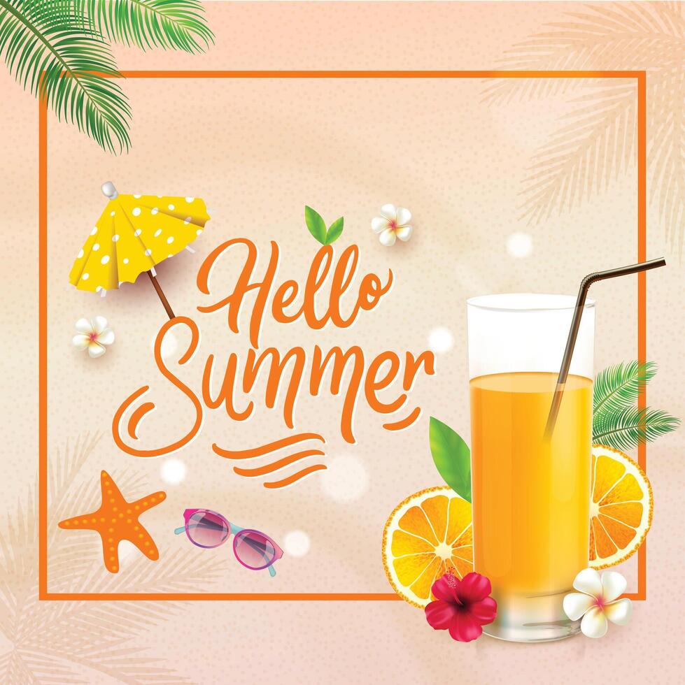 Hello Summer Vacation orange juice with sand background vector