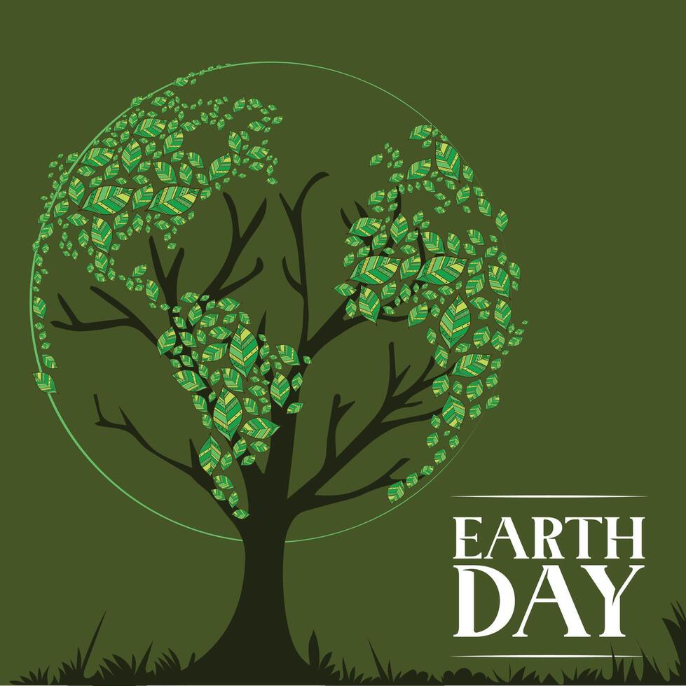 Happy earth day. Ecology concept. Design with globe map drawing and leaves on light brown background. vector