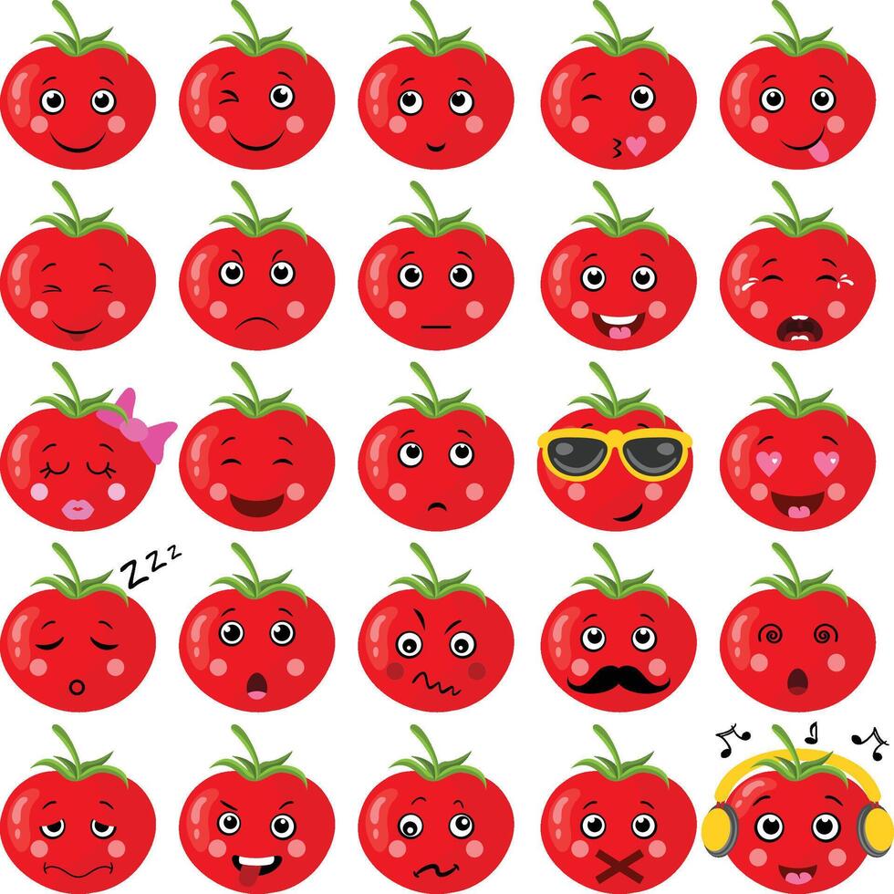 conjunto digital collage de Fresco rojo tomate con diferente expresiones vector
