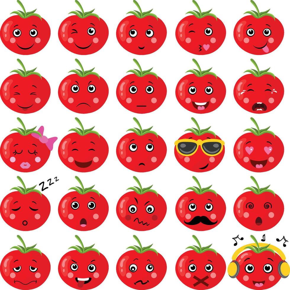 Set digital collage of fresh red tomato with different expressions vector