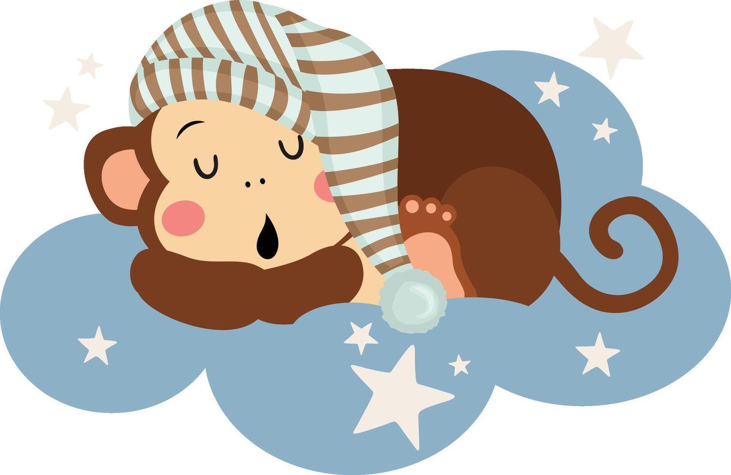 Cute monkey sleeping on blue cloud vector