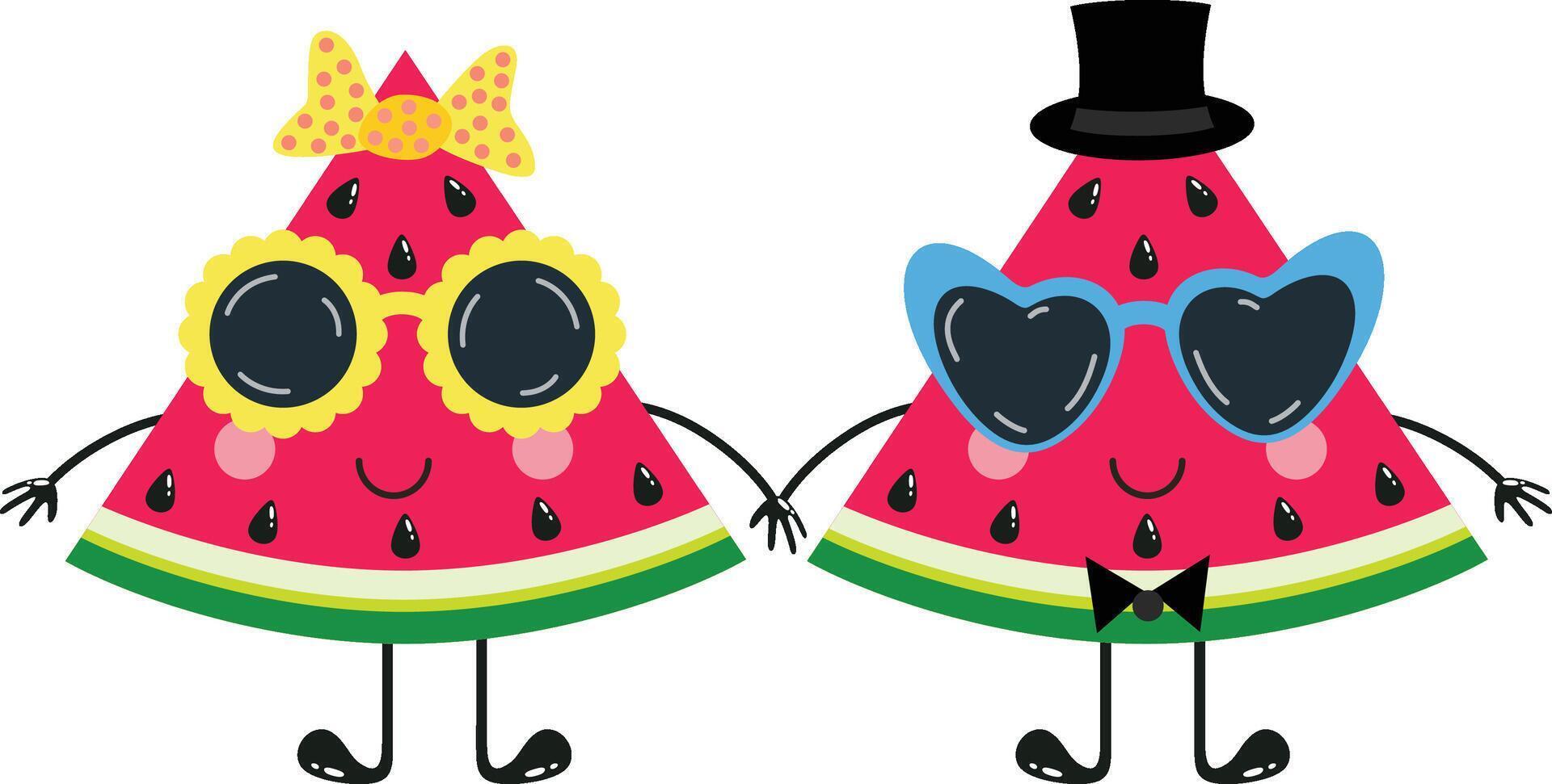 Funny watermelon slice mascot couple with sunglasses vector