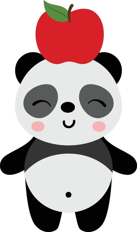 linda panda con rojo manzana en su cabeza vector