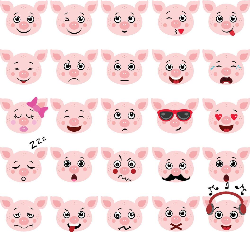 Set digital collage of cute pig with different expressions vector