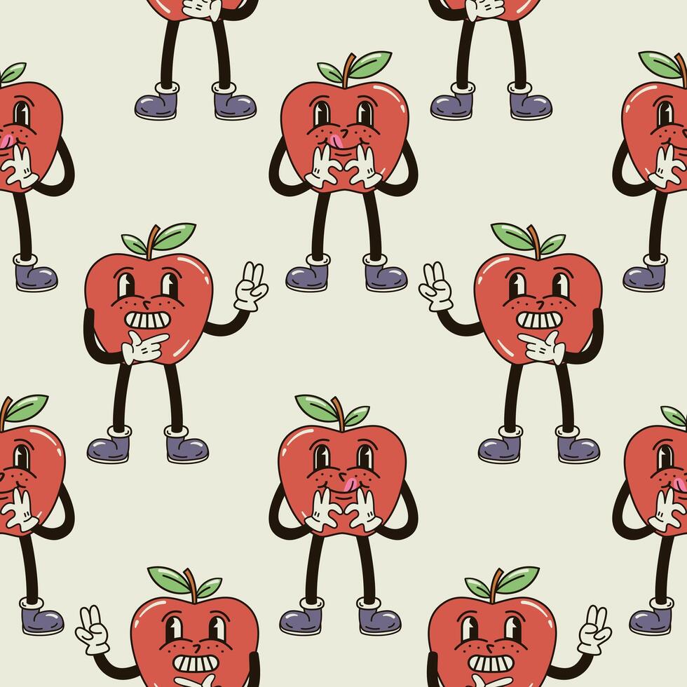 A seamless pattern with funny, cute and smiling red apple character in a groovy style vector