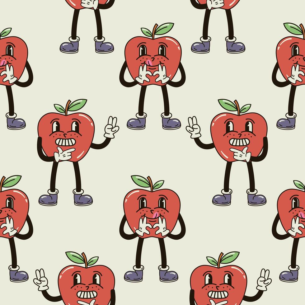 un sin costura modelo con divertido, linda y sonriente rojo manzana personaje en un maravilloso estilo vector