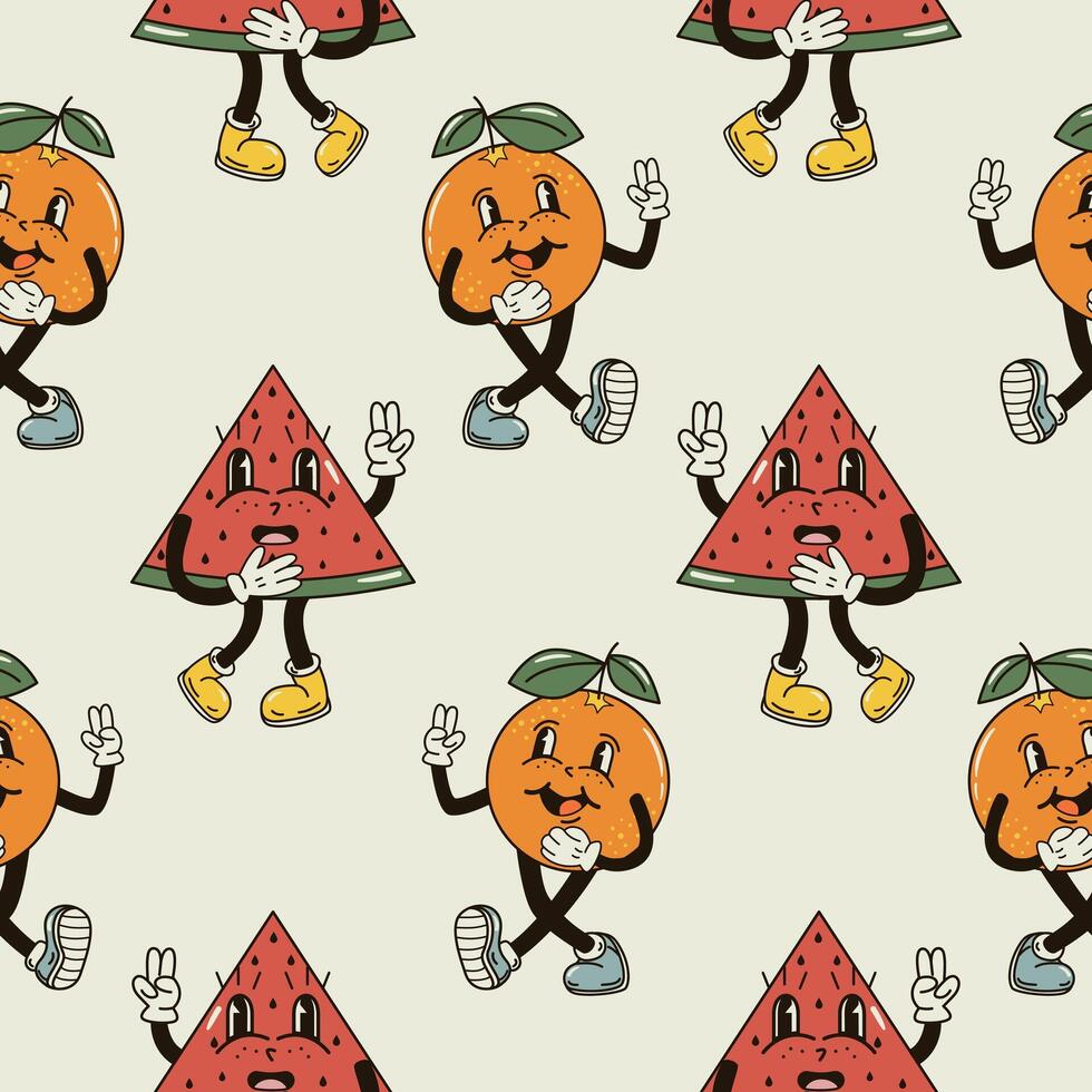 A seamless pattern with funny, cute and smiling orange and watermelon character in a groovy style vector