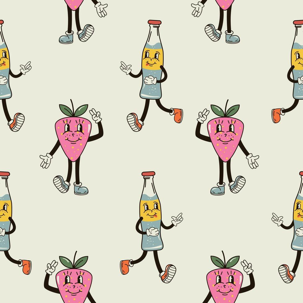 A seamless pattern with a funny cute a bottle of soda character in a groovy style vector