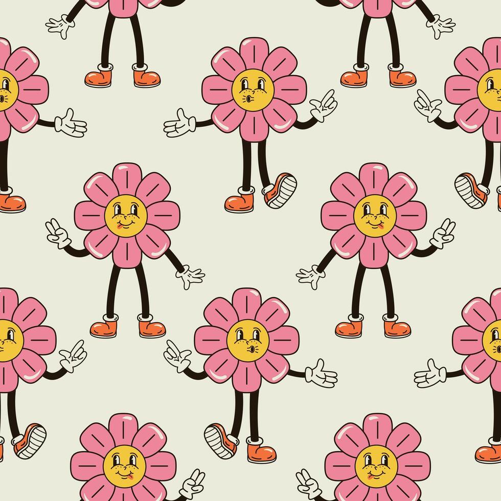 A seamless pattern with a funny and cute flower character in a groovy style vector