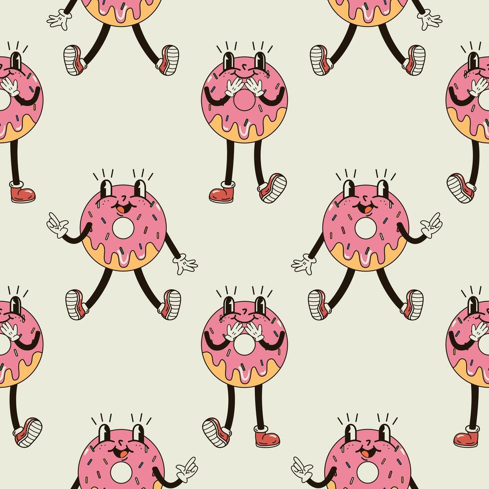 A seamless pattern with funny, cute and smiling donut character in a groovy style vector