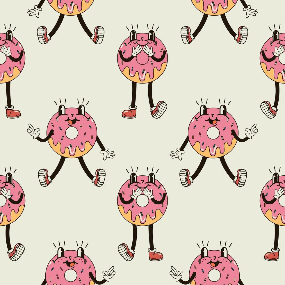 A seamless pattern with funny, cute and smiling donut character in a groovy style vector