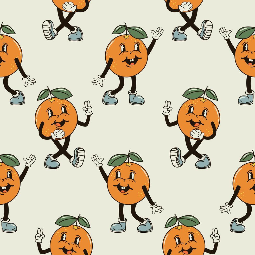 A seamless pattern with funny, cute and smiling orange character in a groovy style vector