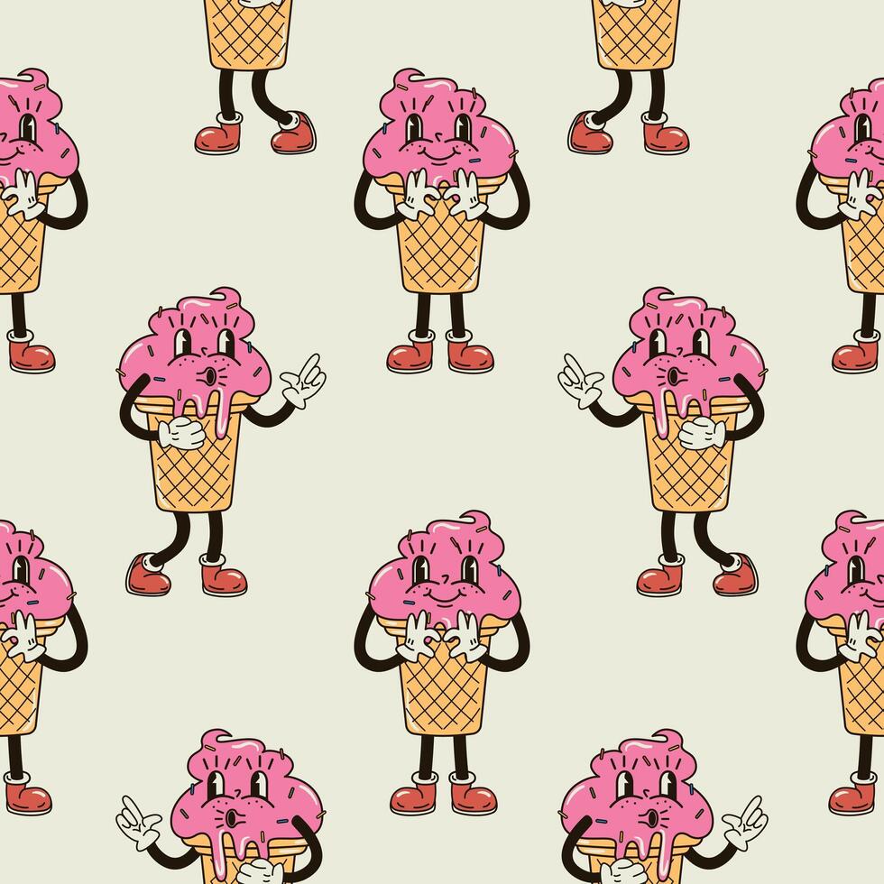 A seamless pattern with a funny and cute ice cream character in a groovy style vector