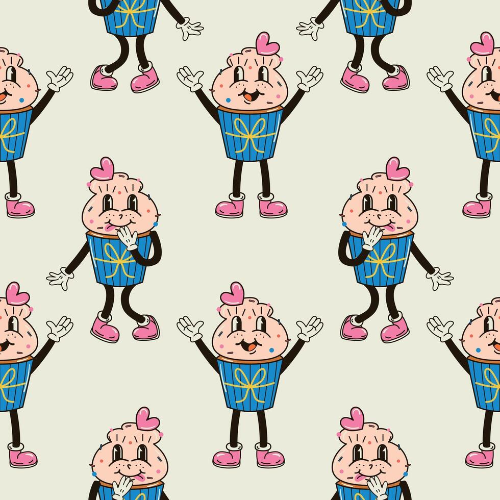 A seamless pattern with a funny and cute cupcake character in a groovy style vector
