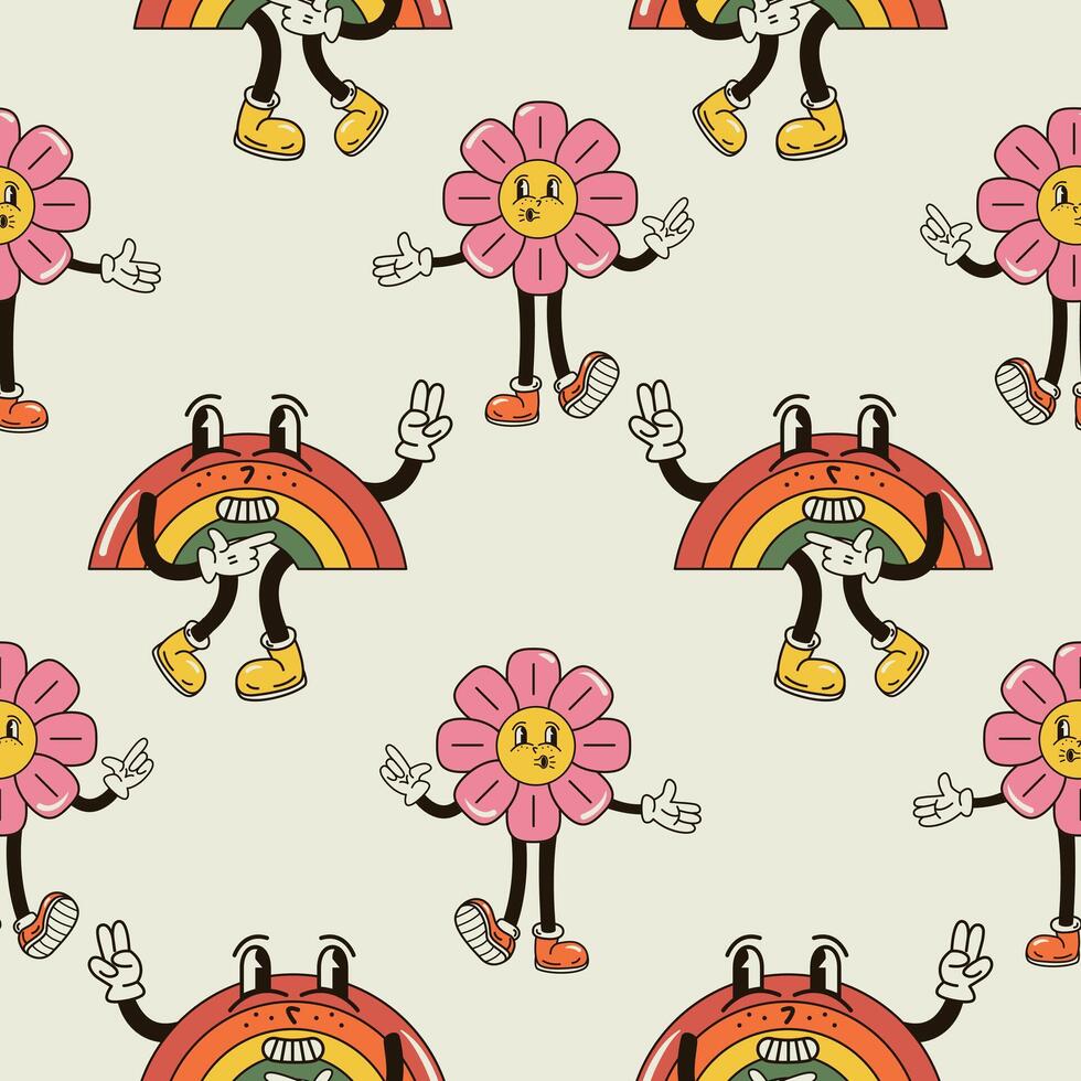 A seamless pattern with funny, cute and smiling flower and rainbow character in a groovy style vector