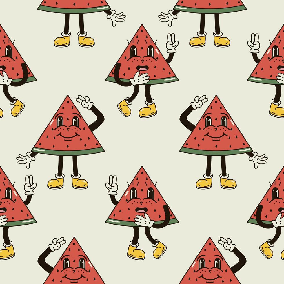 A seamless pattern with funny, cute and smiling watermelon character in a groovy style vector