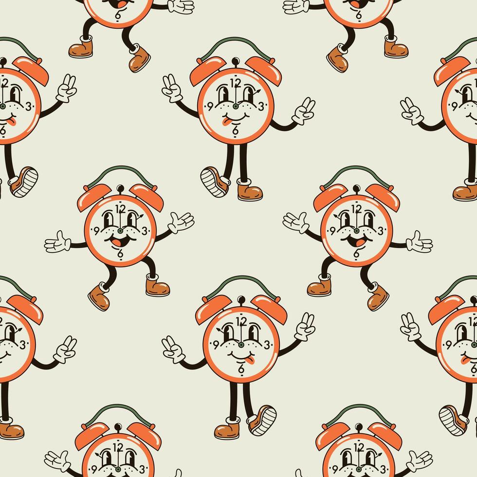 A seamless pattern with a funny and cute alarm clock character in a groovy style vector