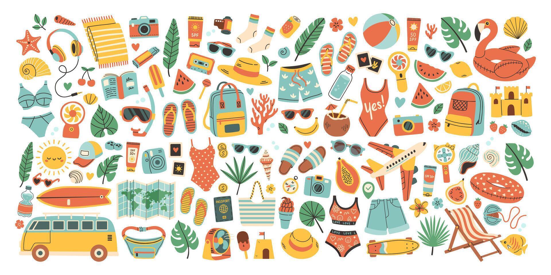 Summer big set for sticker. Icons, signs and banners. Bright summertime poster. Collection elements for summer holiday and party. vector