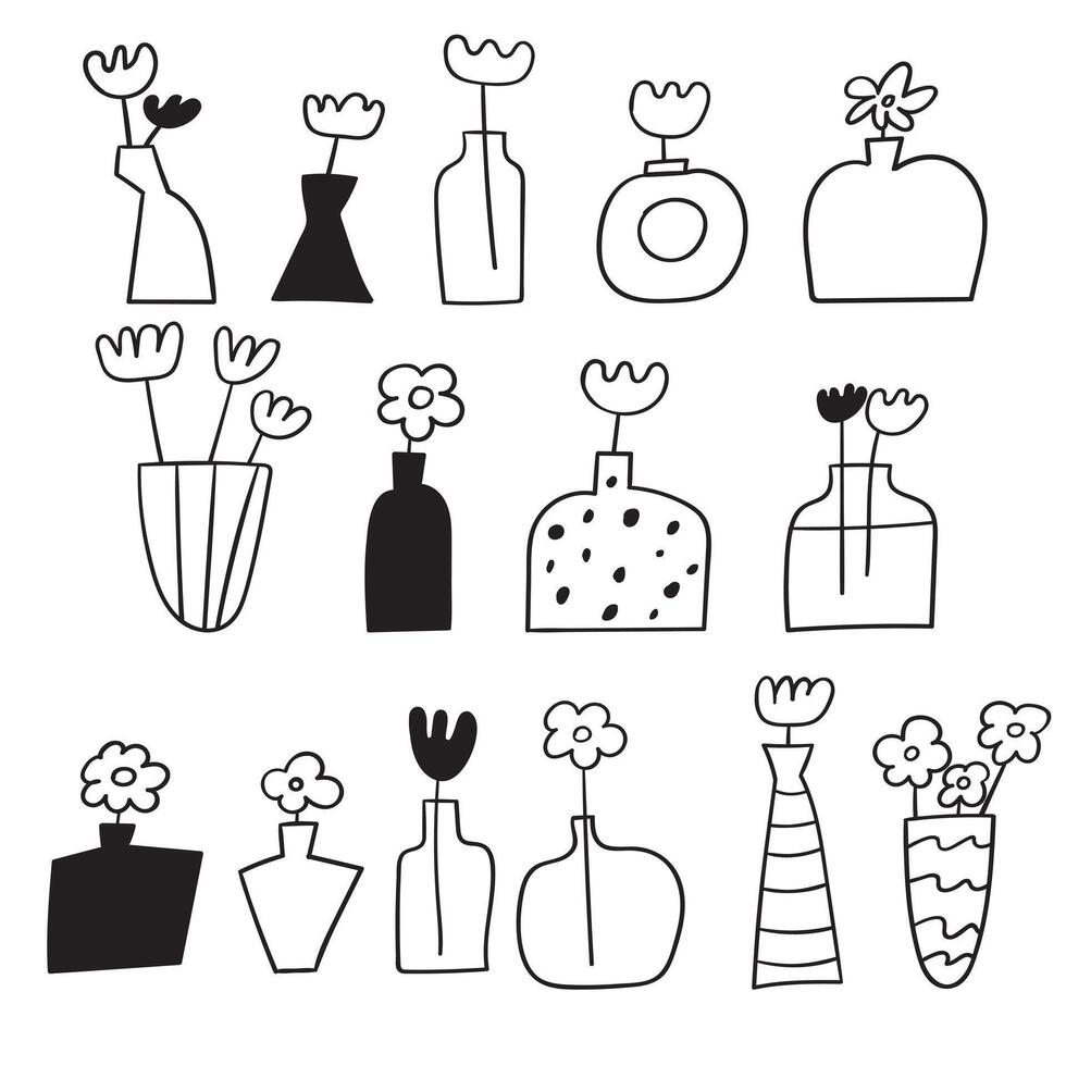 Set of outline vases. Hand drawn isolated icons. Black color. illustrations on white background. vector