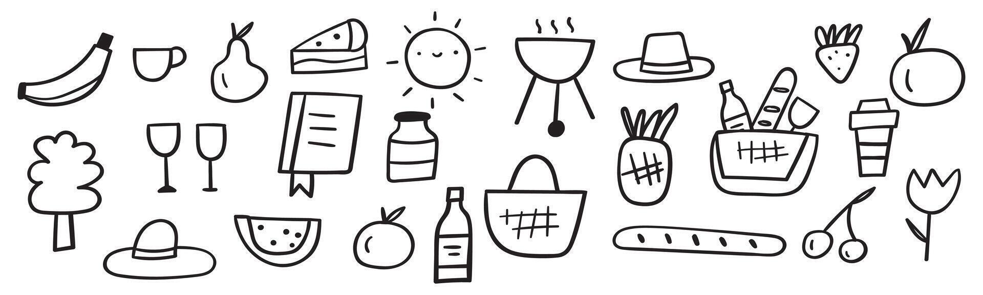 Picnic. Outline elements. Black color. Hand drawn icons. Doodles. Illustrations on white background. vector