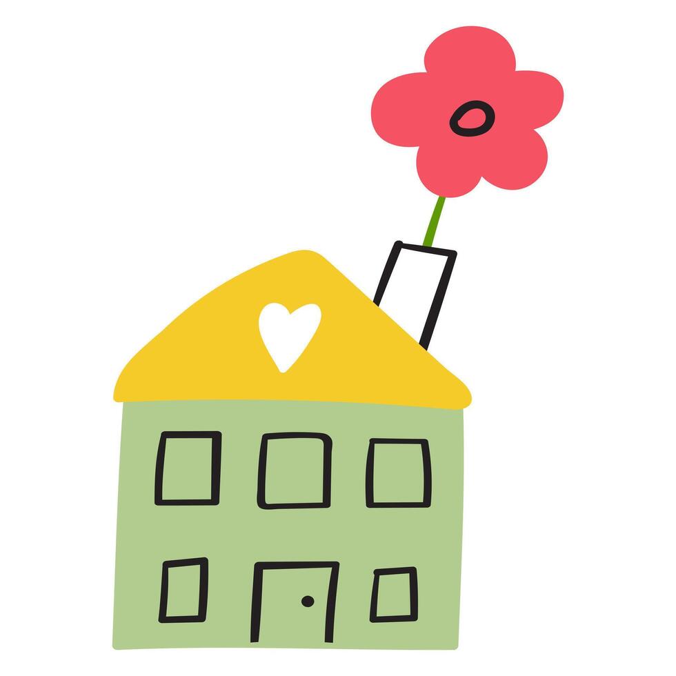 Spring season. A little house with a flower. Hand drawn flat design. Illustration on white background. vector